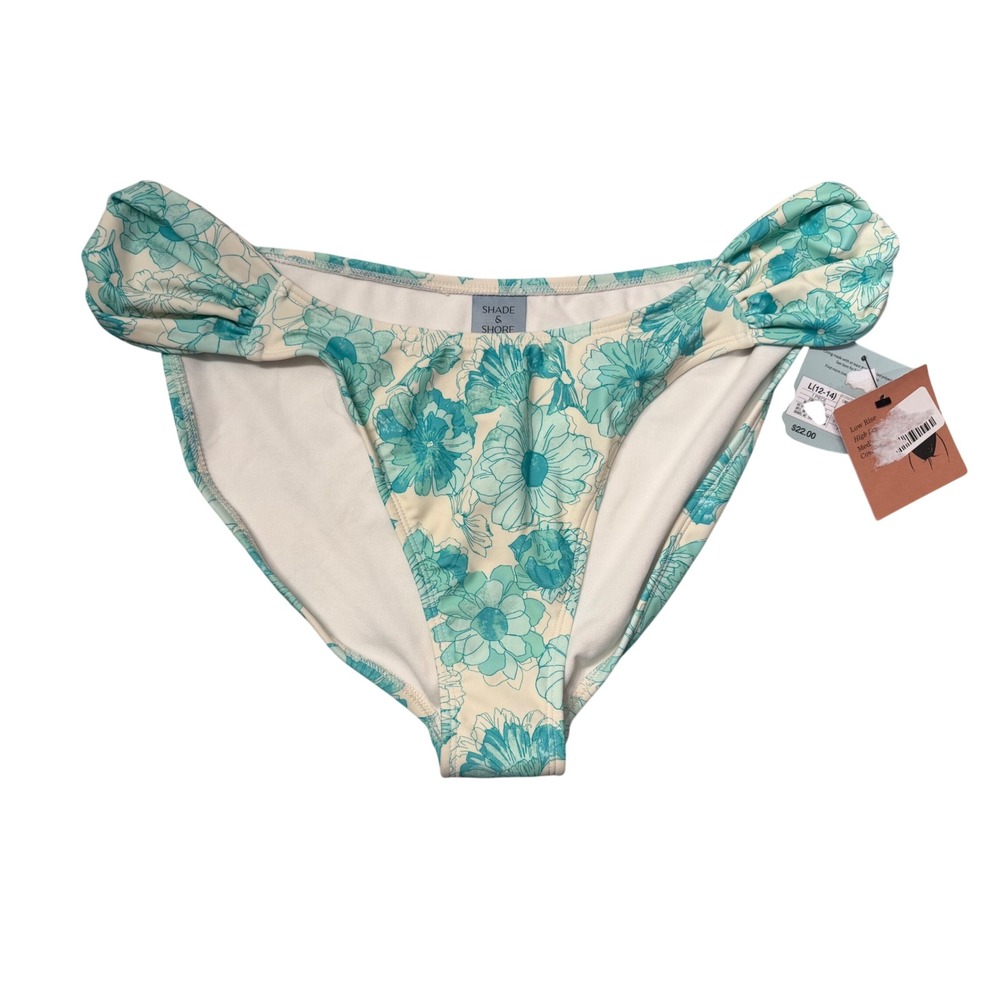 Shade & Shore Bikini Bottoms L 12-14 Teal Floral Low Rise Ruched Swim NWT